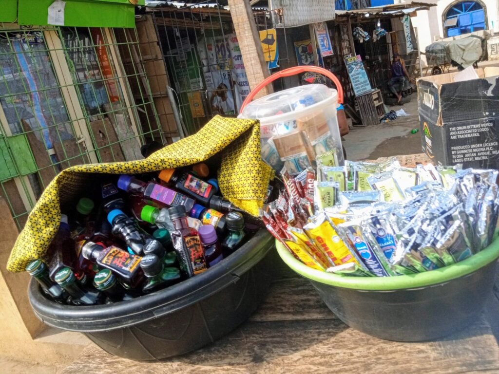 Alcoholic beverages in plastic bottles and sachets are displayed in Lagos. Photo credit: Ifeanyi Andrew Ibeh/Somewhere In Lagos Nigeria