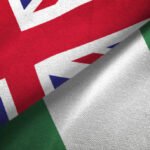 Nigeria and United Kingdom flag together realtions textile cloth fabric texture