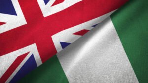 Nigeria and United Kingdom flag together realtions textile cloth fabric texture